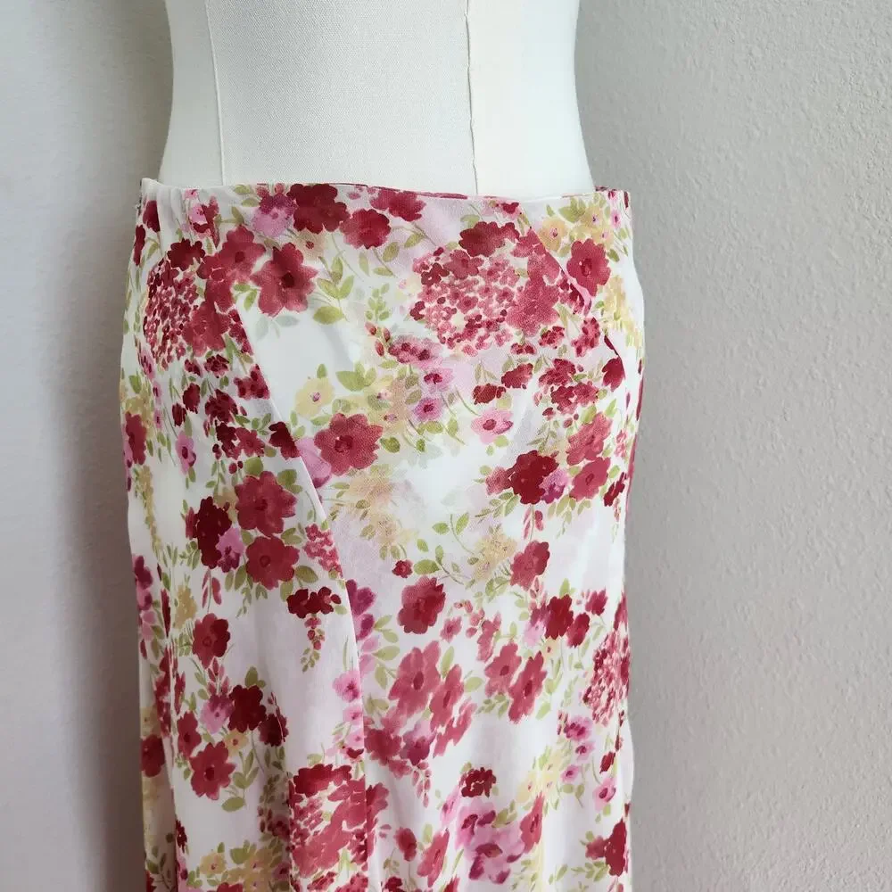 Vintage Y2K White Pink Floral Fairycore Midi Skirt Mid Rise Emma James 14